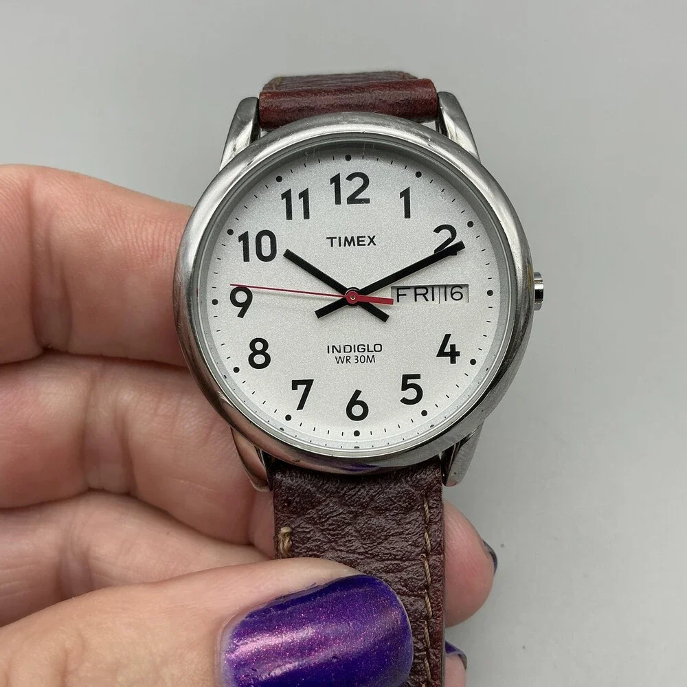 Timex Indiglo WR 30M Mens Watch 35mm Silver Tone Leather Day Date New Battery